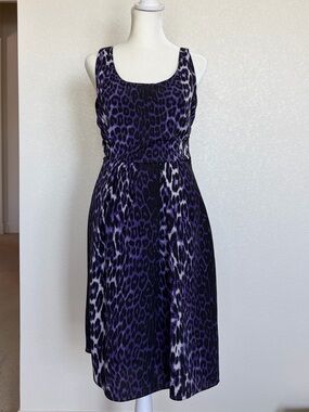 T Tahari Purple and Black Leopard-Print Midi Dress